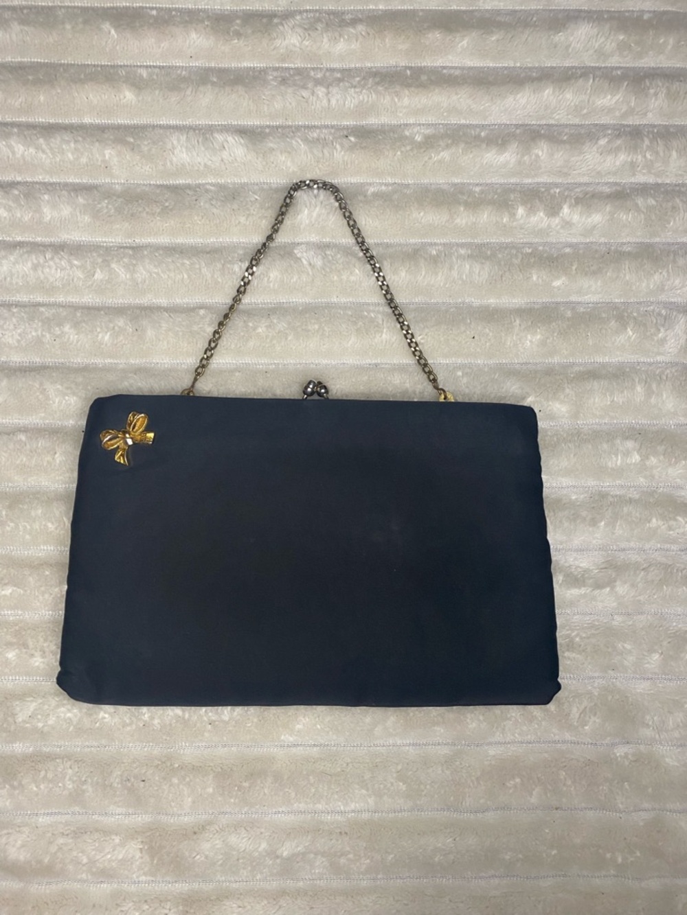 Vintage Black Satin Clutch with Gold Bow Accent